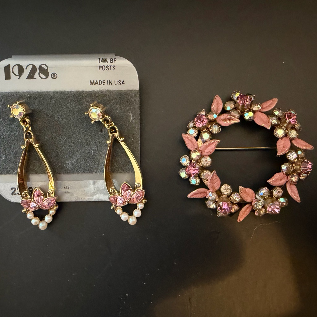 1928 14k Gf Gold Pink Earrings Nwt And WeissUnsigned Brooch Set 44$